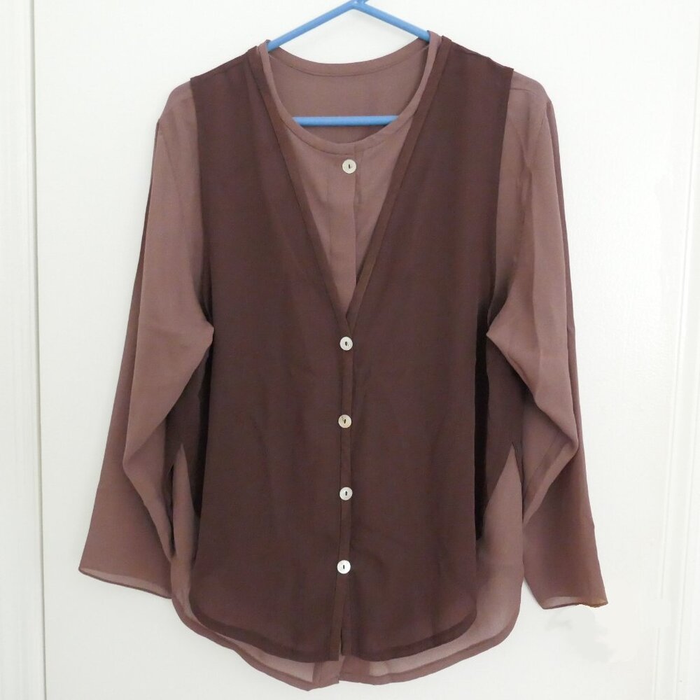 2 piece set brown crepe semi sheer blouse and sheer vest mother of pearl buttons